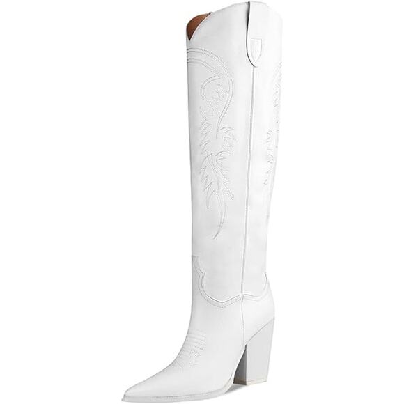ISNOM Womens Size 7 White Faux Leather Knee High Chunky 4" Heel Cowboy Boots - Picture 1 of 6